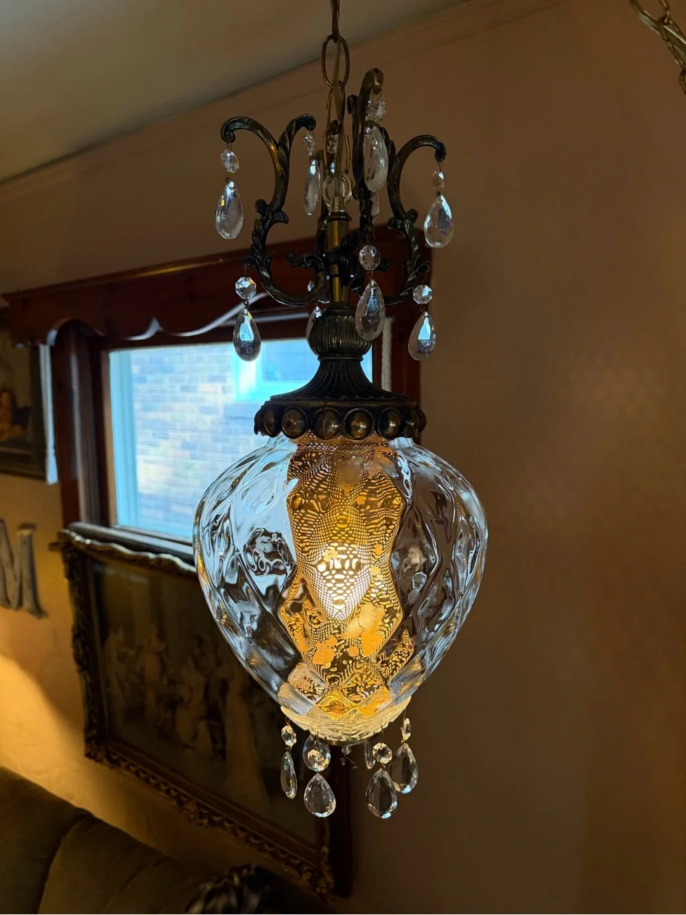 Vintage-Style Clear Glass and Brass Hanging Pendant Light